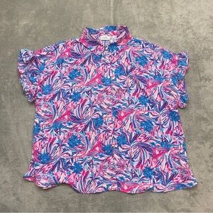 NEW Emily Wonder Bloom Floral Blouse Blue Magenta 2X ((missing Button))